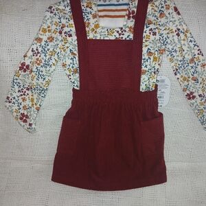 Wonder Nation Floral Shirt with Burgundy Courdoroy Pinafore,And Matching Tights.